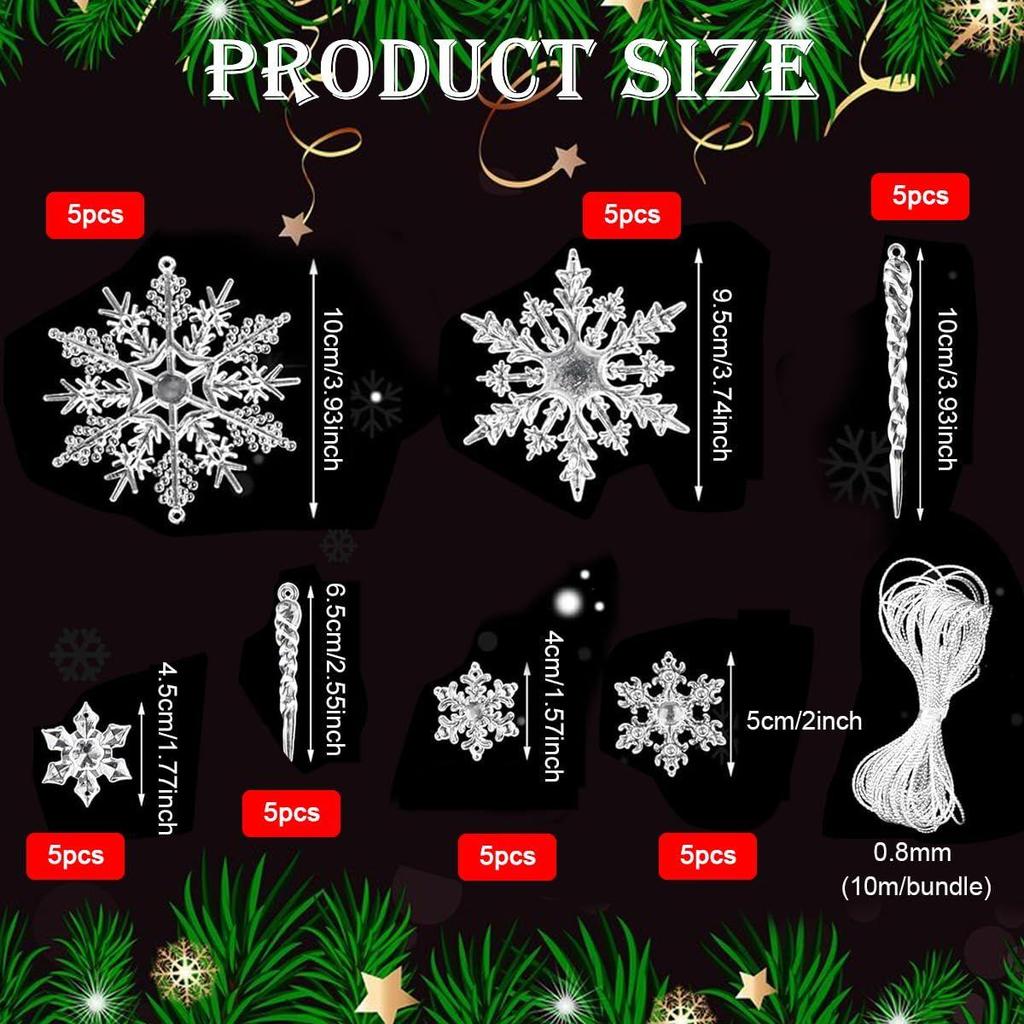 35Pcs Christmas Tree Decoration Items Small Transparent Crystal Acrylic Christmas Decor Snowflake Icicle Hanging Christmas Ornaments