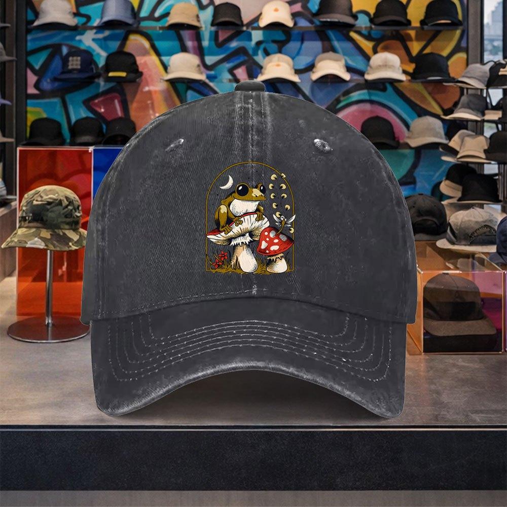 Frog Mushroom Graphic Baseball Cap Washed Cotton Vintage Adjustable Outdoor Casual Hat