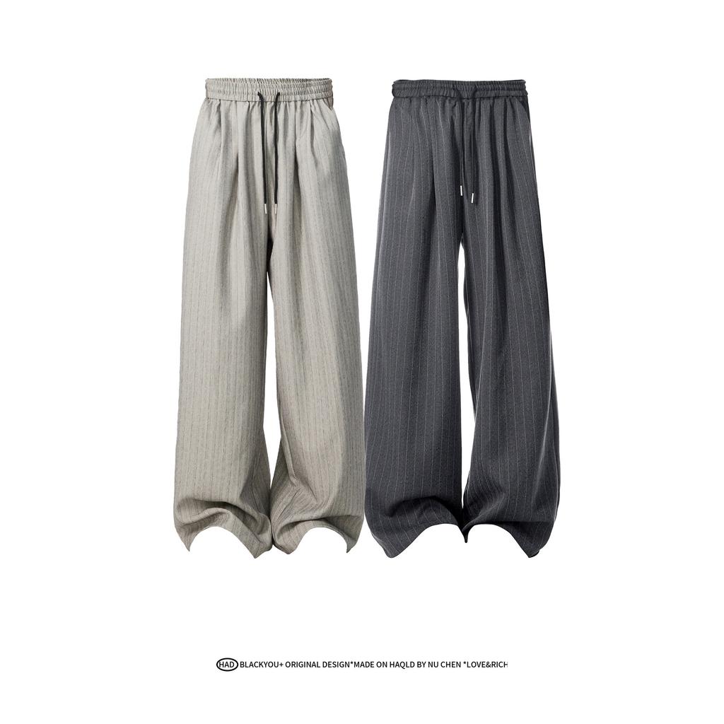 Men's Gray Pinstripe Wide Leg Pants Elastic Waist Drawstring Baggy Trousers