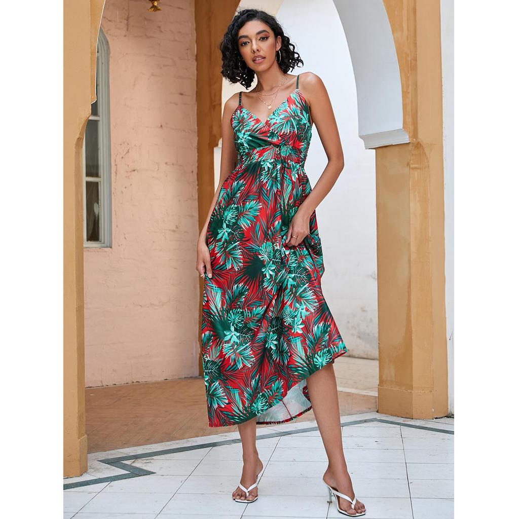 Ladies Summer Vintage Printed V Neck Spaghetti Strap Sleeveless Casual Midi Dress
