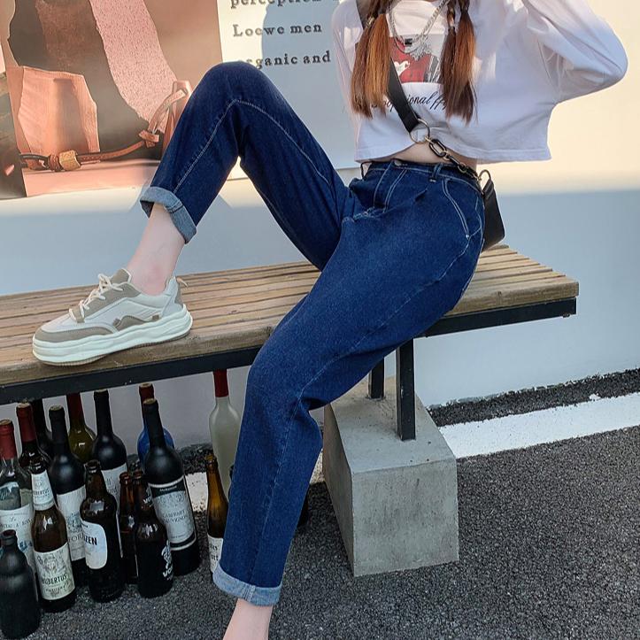 DIMANAF 2024 Autumn Women Jeans Pants High Waist Elastic Buttons Basic Trousers Blue Long Pants