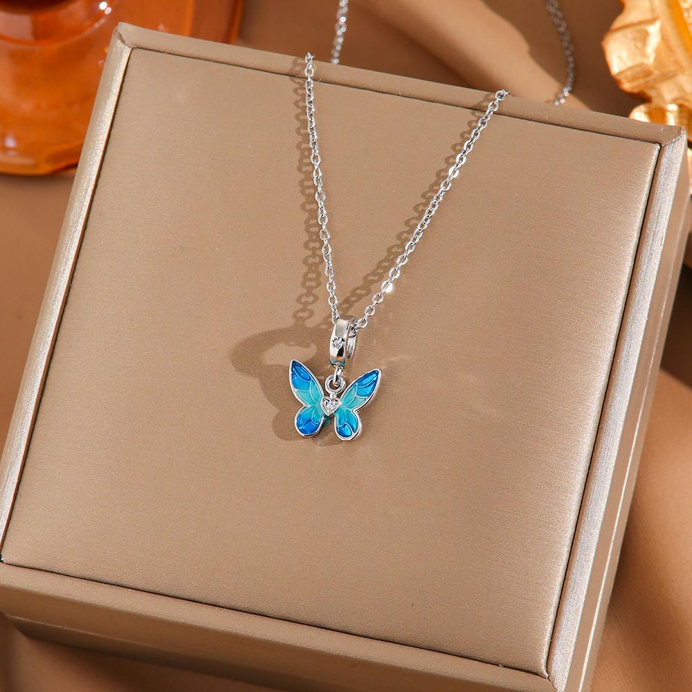 

Gradual Blue Cute Sweet Butterfly Titanium Steel Necklace Small Unique Design Collarbone Chain Jewelry