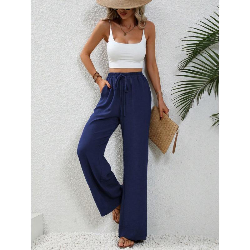 New Women's Solid Color Floor-Length Wide Leg Pants, Elastic Waist with Drawstring, Casual Versatile Trousers for Spring Summer