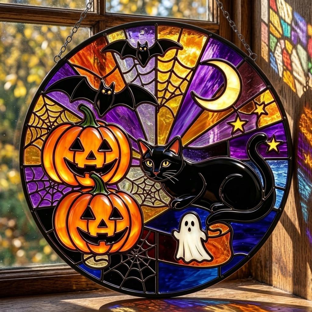 Drop-shipping New Arrival POD Printed 3D Embossed Halloween Stained Glass Suncatcher Hanging Ornament Home Decor Sun Catcher