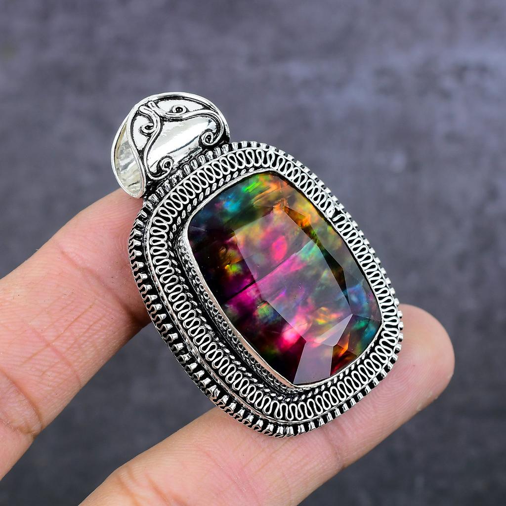 Ammolite Gemstone Handmade 925 Sterling Silver Jewelry Pendant 2.17" S4t48