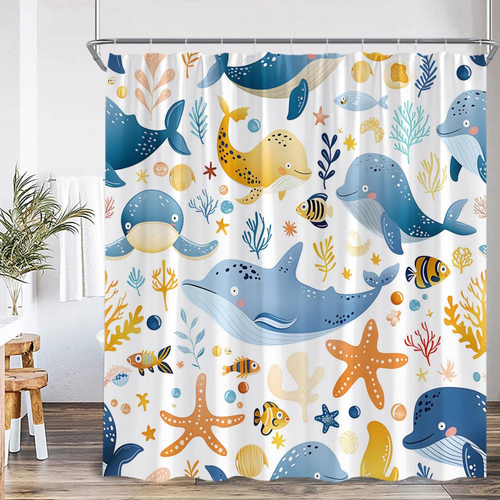 Cartoon Ocean Animals Kids Shower Curtains Tropical Fishes Coral Starfish Shell Bathroom Decorations Funny Children Bath Curtain