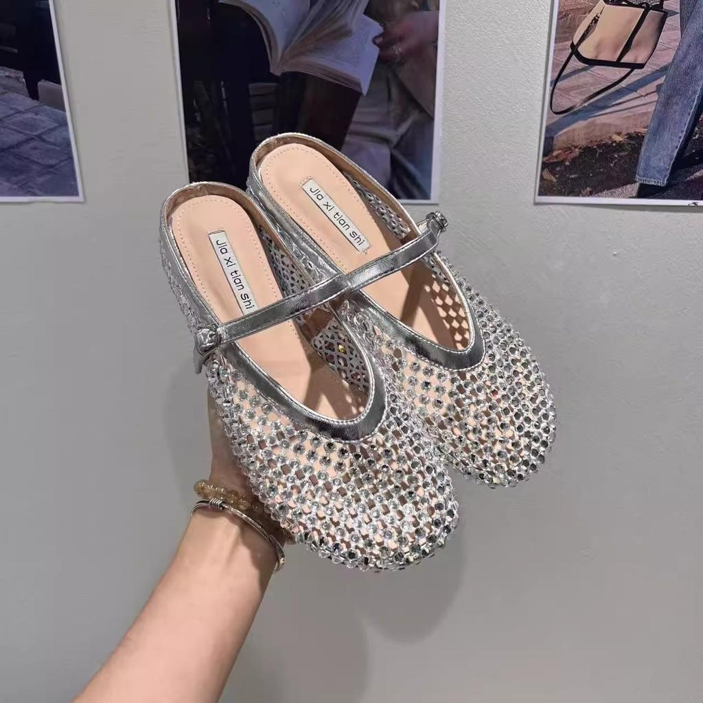 Inner Heightening Rhinestone Golden Fishing Net Bag Head Half Slippers Women's 2025 Summer New Thick-bottomed Mary Jane French Sandals