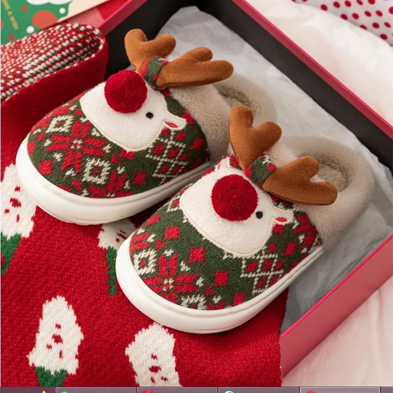 New Winter Lovely Women's Slippers Home Cute Cartoon Cotton Slippers Christmas Deer Non-Slip House Shoes