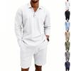 Men's Summer Linen Polo Shirt and Shorts Set Casual Loose Fit Breathable Long Sleeve Button-Down Collar 2-Piece Outfit