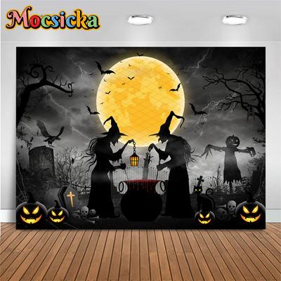 Mocsicka Halloween Backdrops Photography Wizard Pumpkin Party Photo Backgrounds Black Night Moon Bat Tomb Skeleton Decors Banner