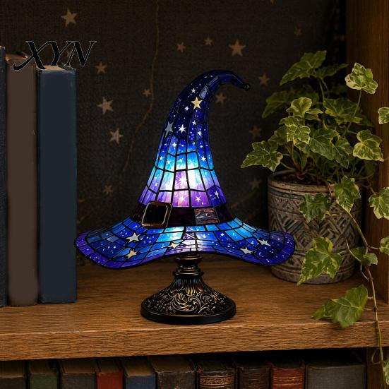 Halloween Decoration Lamp Witch Hat Table Lamp, USB Powered LED Bedside Light, Resin Gothic Night Light for Bedroom, Living Room, Shelf Decor