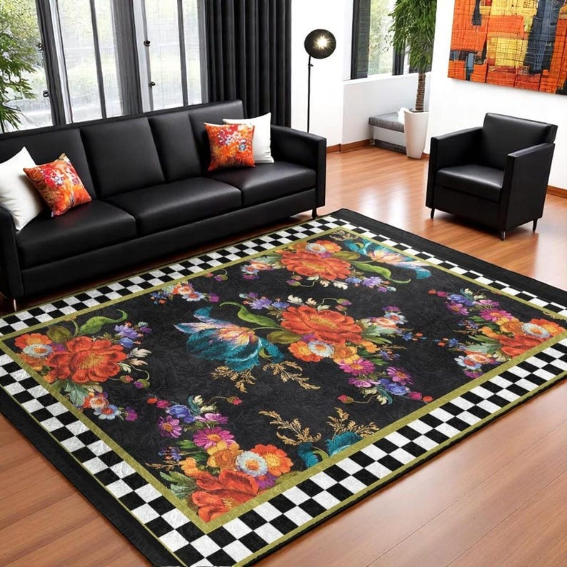 Bold Boho Flower Black Background Accent Mat Purple Blue Orange Floral DecorCheckered Edge CarpetWashable Rug