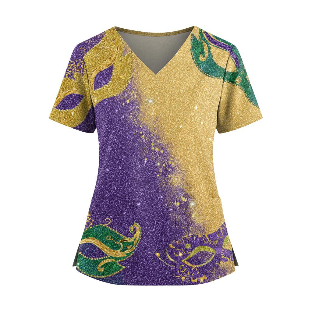 Women's Caregiver  Printed V-Neck Double Pocket Short Sleeves Hem Slit  Uniform Caregiver Top