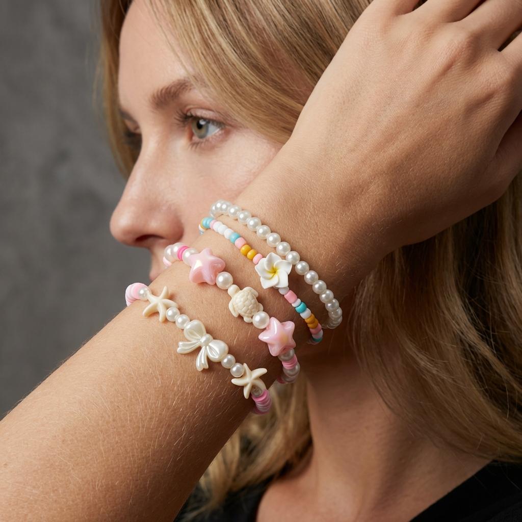 4 Stück/Set Böhmische Schleife Blume Schildkröte Seestern Armbänder Für Frauen Handgefertigt Reiskörner Stapelarmband Sommer Strand Schmuck