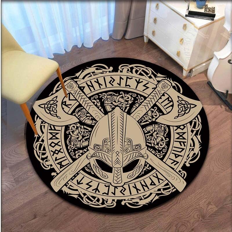 Viking Vegvisir Aegishjalmur Rune Round Carpet Rug for Bedroom Living Room Floor Mat Area Rug Large Decoration Non-Slip Mat