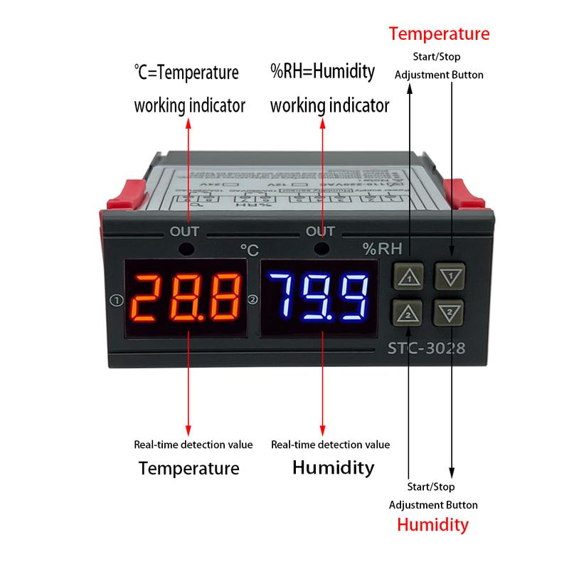 STC-3028 Dual Digital Thermostat Temperature Humidity Control Thermometer Hygrometer Incubator Controller AC 220V DC 12V 24V