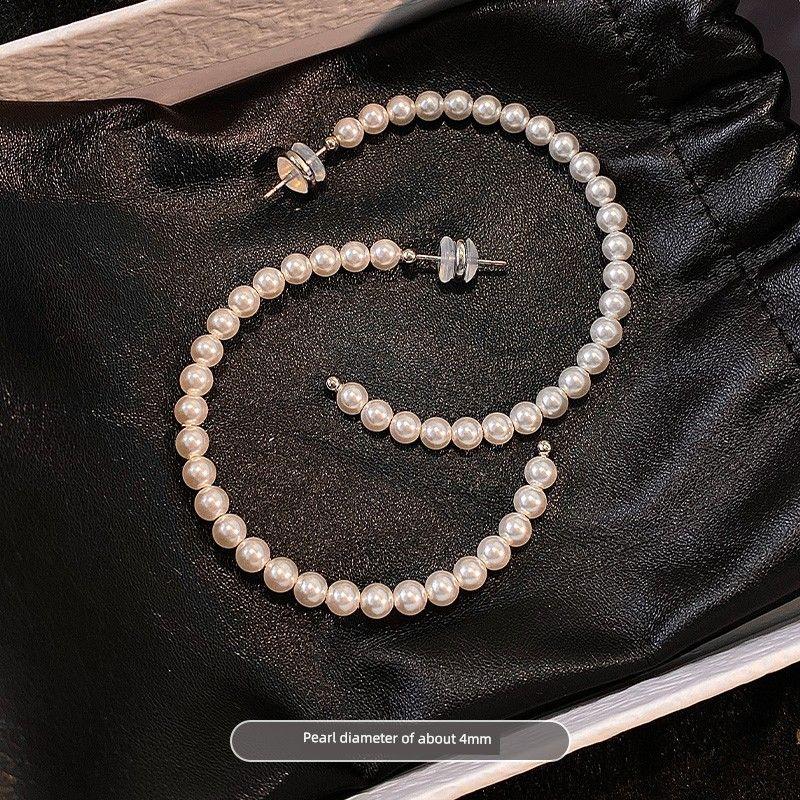 

925 Silver Shijia Pearl Big Circle Earrings Women Temperament Western Style Ear Ring Light Luxury High-Grade Ear Studs Ear Rings 4mm Shijia Pearl Earrings/Pair