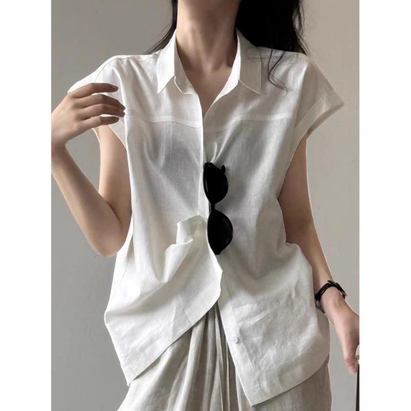 Women Solid Color Linen Blend Shirt Cap Sleeve Point Collar Loose Fit Casual Button Up Blouse