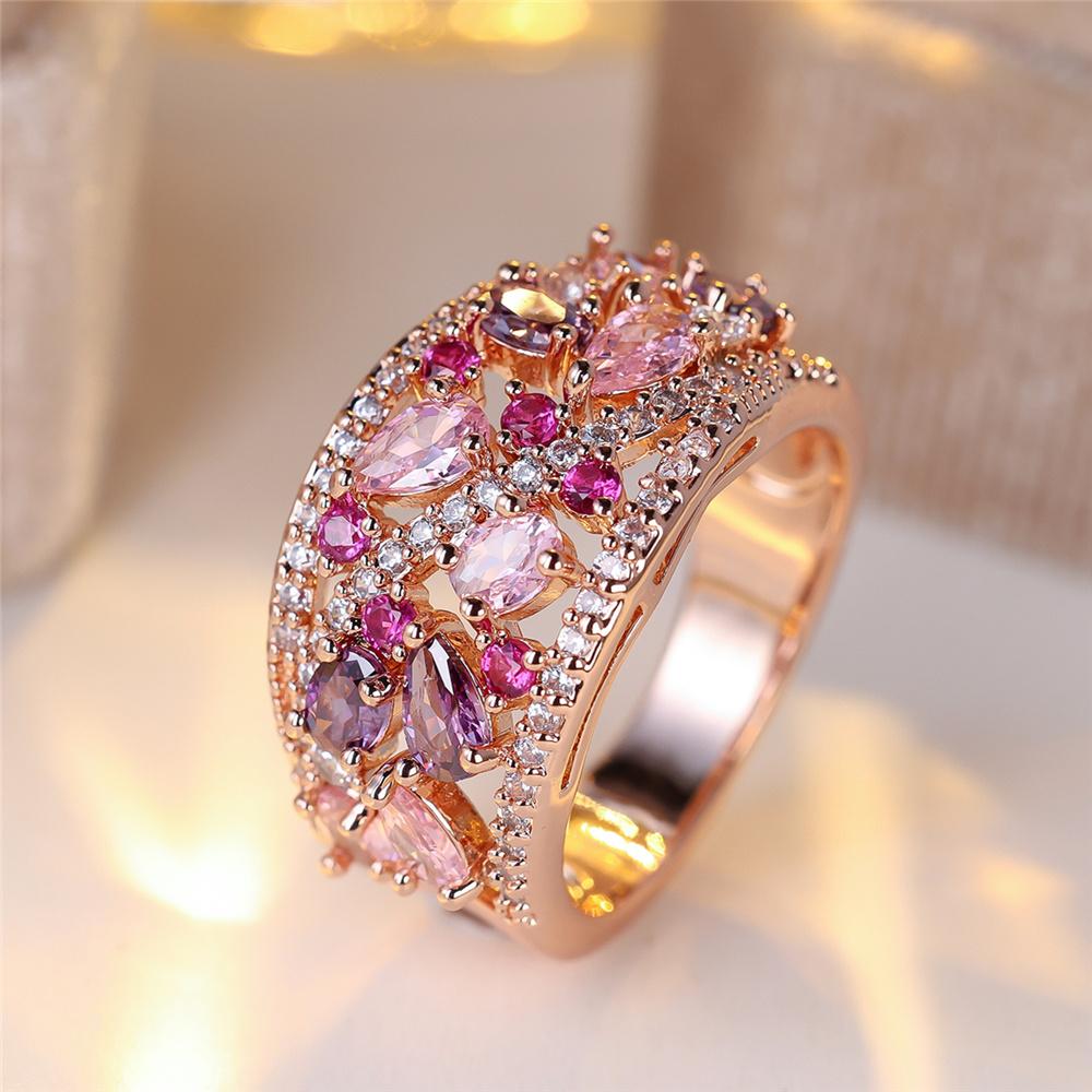 Trendy Purple Pink Zircon Wide Vintage Rose Gold Color Wedding Bands Engagement Rings For Women Men Minimalist Jewelry