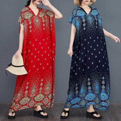 Vestido Robe Bohemio Estampado de Algodón y Seda Holgado con Mangas de Murciélago para Mujer