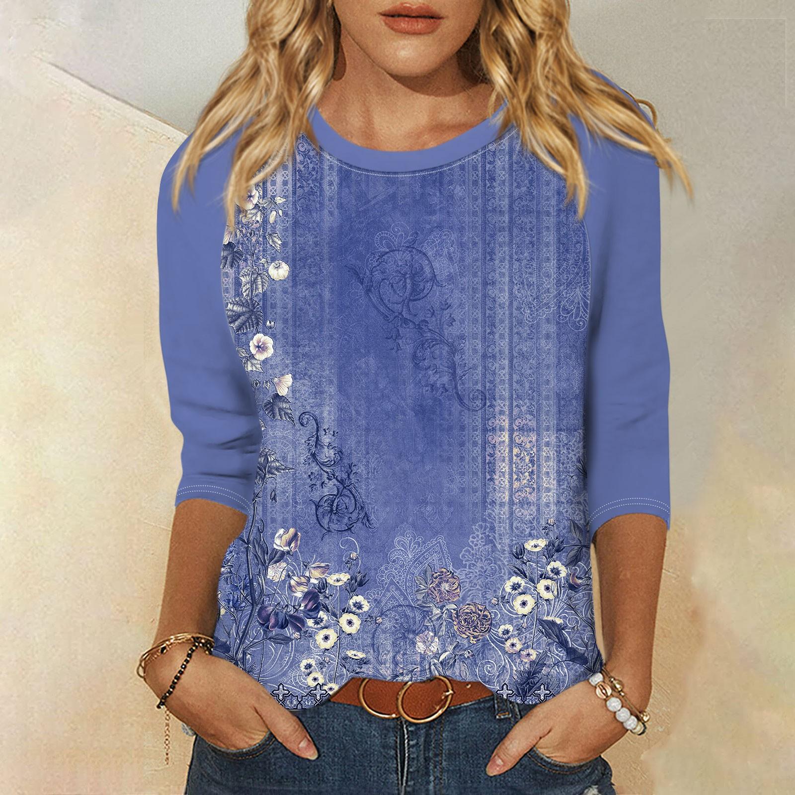 

Женская модная повседневная рубашка с круглым вырезом и рукавами 3/4, свободная футболка с принтом, женский топ XL синий
