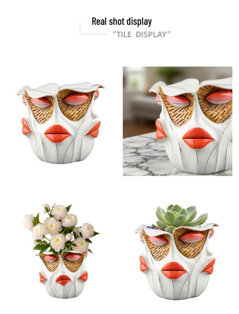 Abstract Red Lips Face Flower Pot: Resin Ornament for Courtyard, Balcony, or Garden Bonsai.