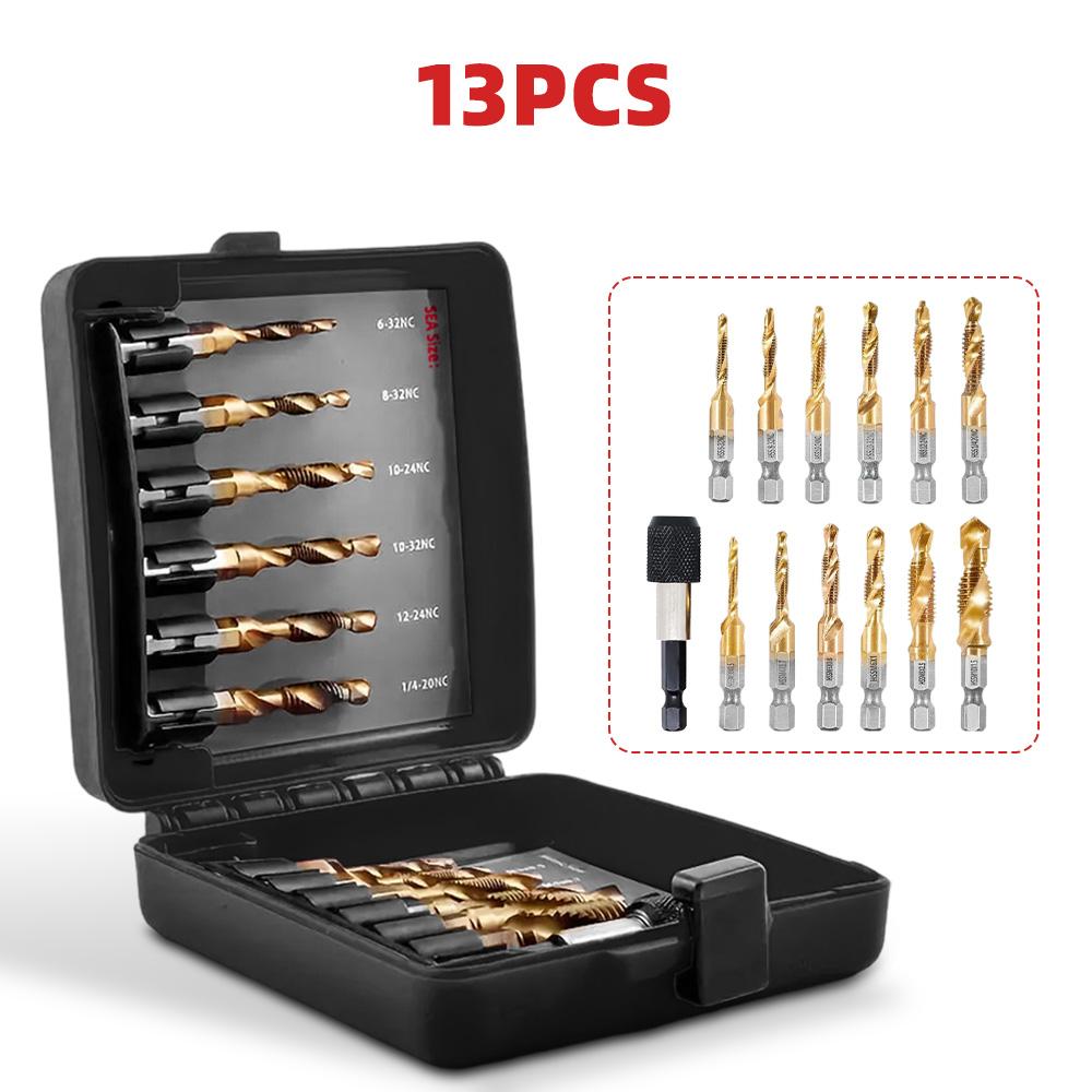 

Набор из 13 сверл-метчиков 3 в 1 с титановым покрытием, инструмент для сверления, нарезания резьбы, с быстросменным адаптером, SAE/метрический чёрный