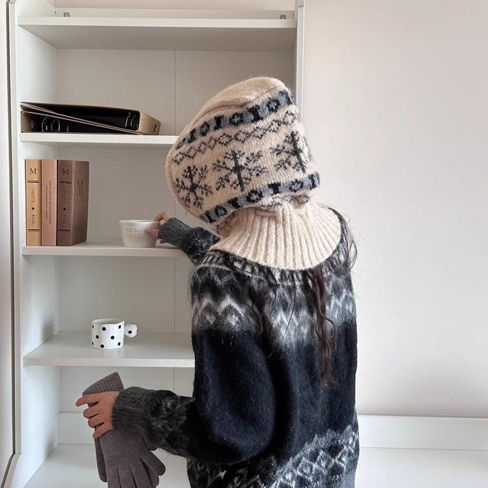 Fashion Snowflakes Winter Balaclava Hats One-Piece Ear Protection Knitted Hooded Cap Thick Warm Windproof Drawstring Hat
