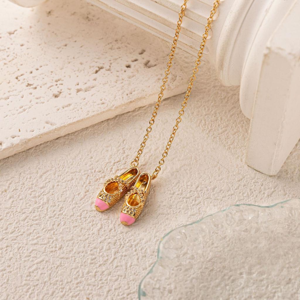 Pink Ballet Shoes Necklace Women'S Diamonds Sweet Girly Style Fashion Exquisite Mini Jewelry