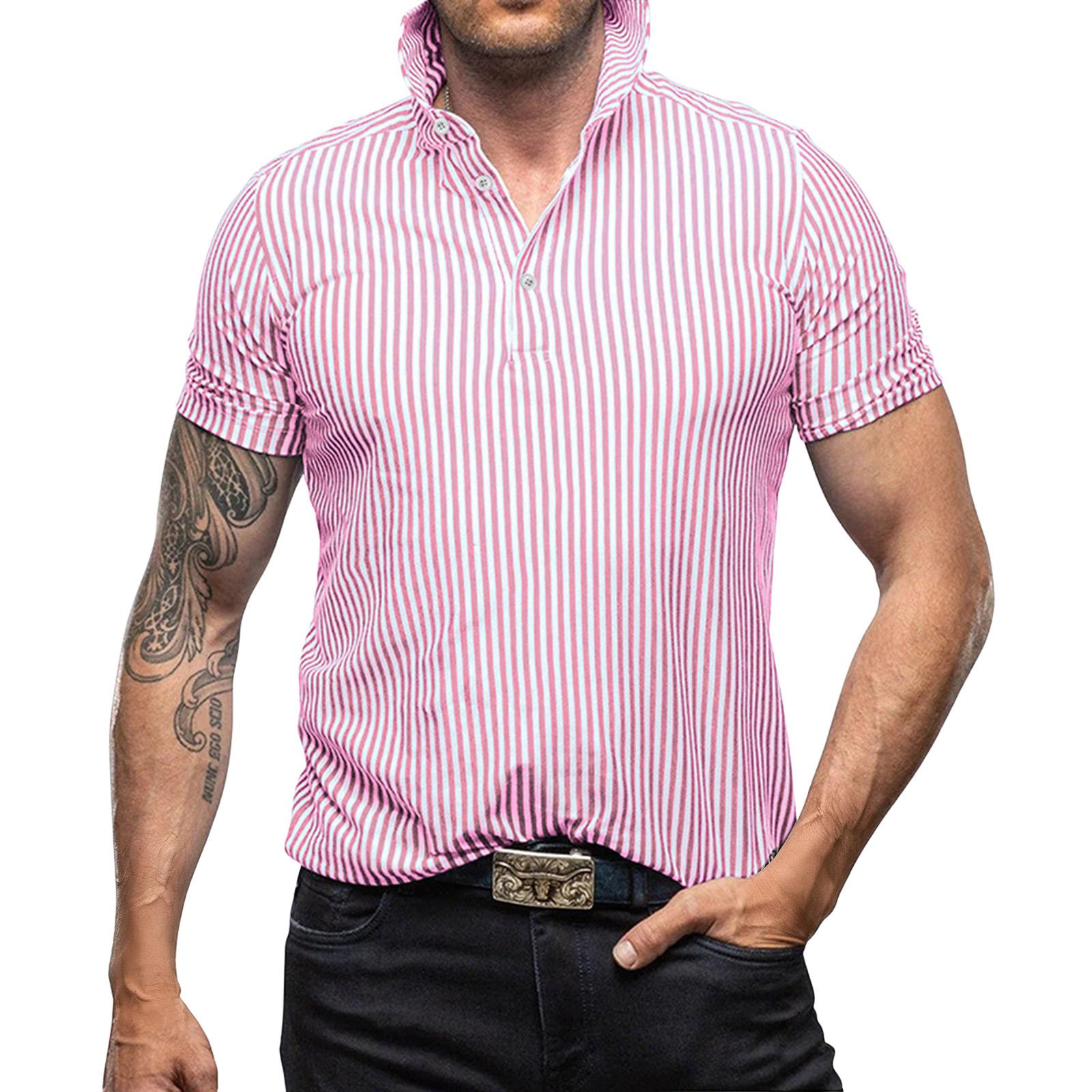 

Men s Color Stripe Short Sleeve Tops Men s Casual Fashion Short Sleeve Tops M рожевий