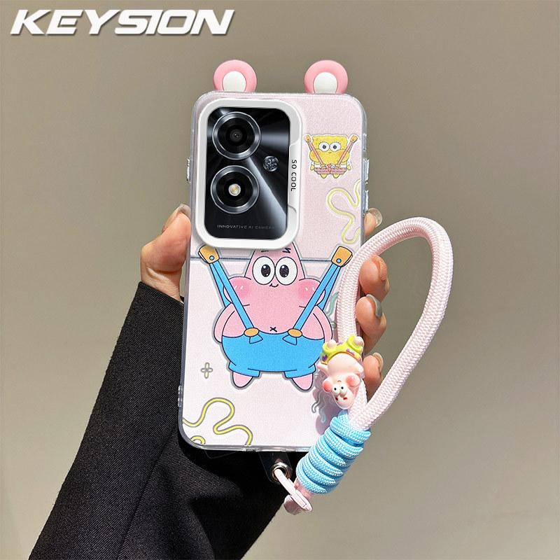 KEYSION Cute Ear Cartoon Case for OPPO A79 5G with Lanyard Soft Silicone+PC Shockproof Phone Back Cover for OPPO A79 5G