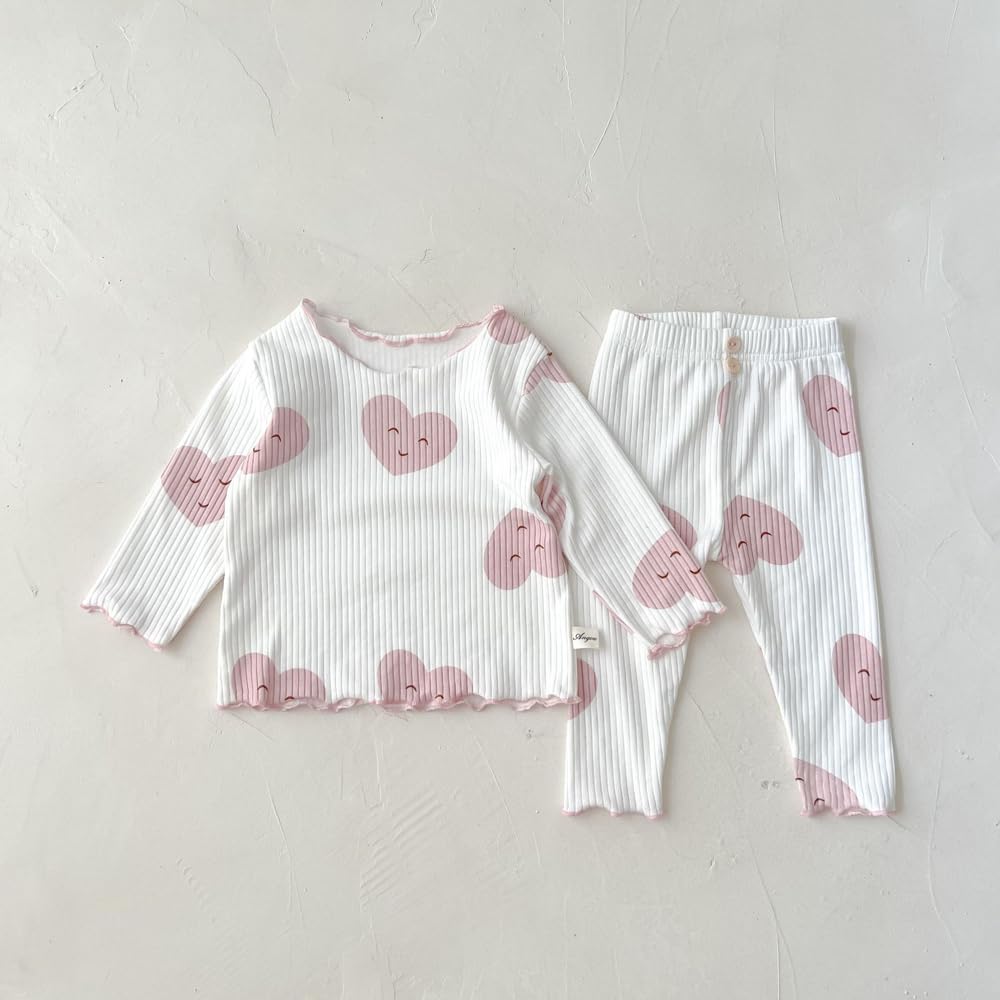 Jaydyequ Baby Pajamas Lightweight Long White Heart 90cm Set, Spring/Summer/Autumn, Cotton, Sleeve, Girls' Loungewear, Print,