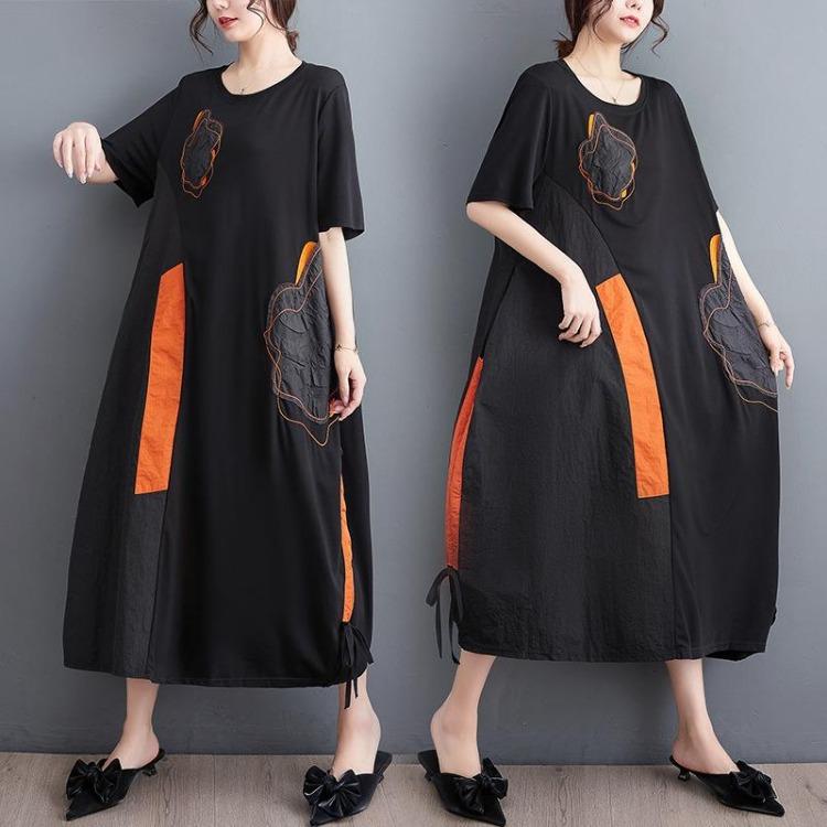 New Summer Style Patchwork Long Dress Loose Black Plus Size Women Short Sleeve Dresses