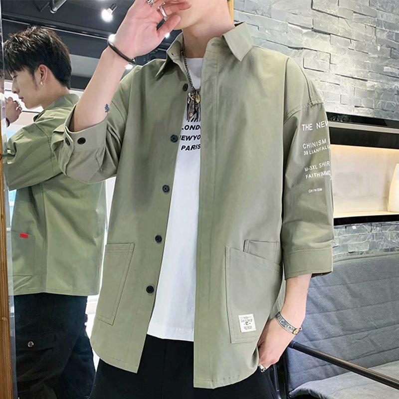 Men's Summer Loose Seven Quarter Sleeved Shirt Solid Color Casual Thin Button Top