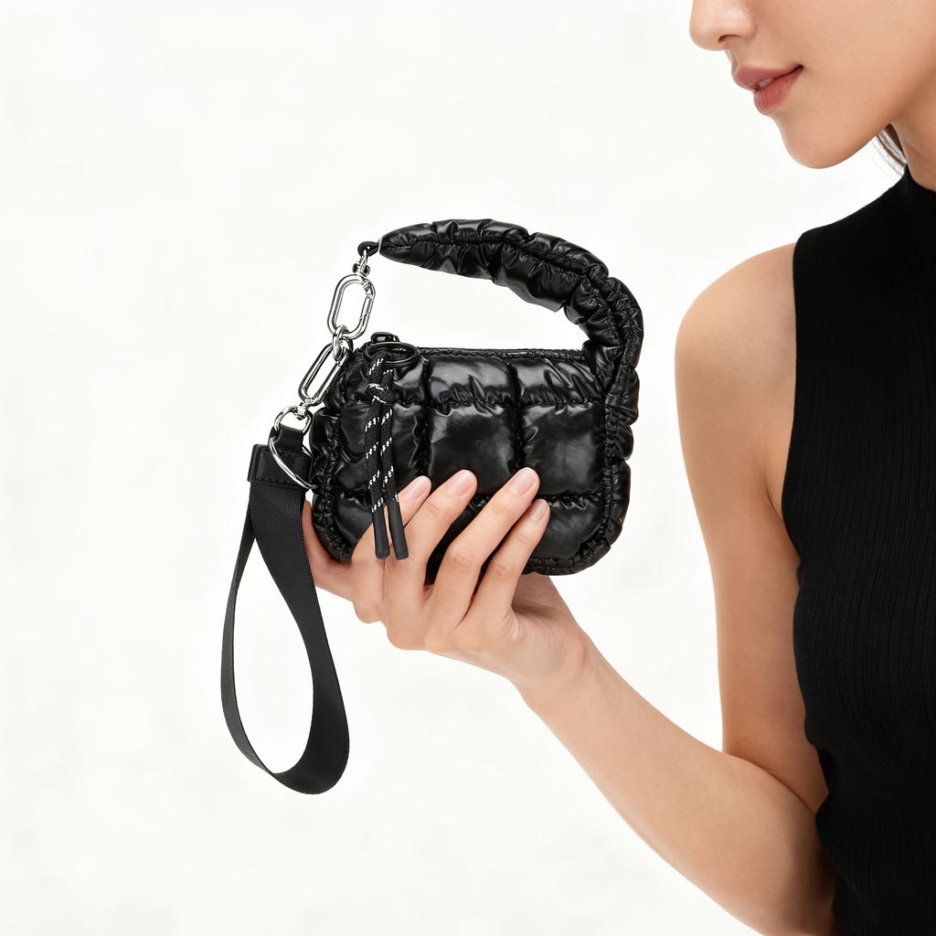 Women's Quilted Puffer Wristlet Clutch - Mini Handbag & Lipstick Holder with Zipper Closure, Nylon Purse for Evening, Storage, Gift for Her