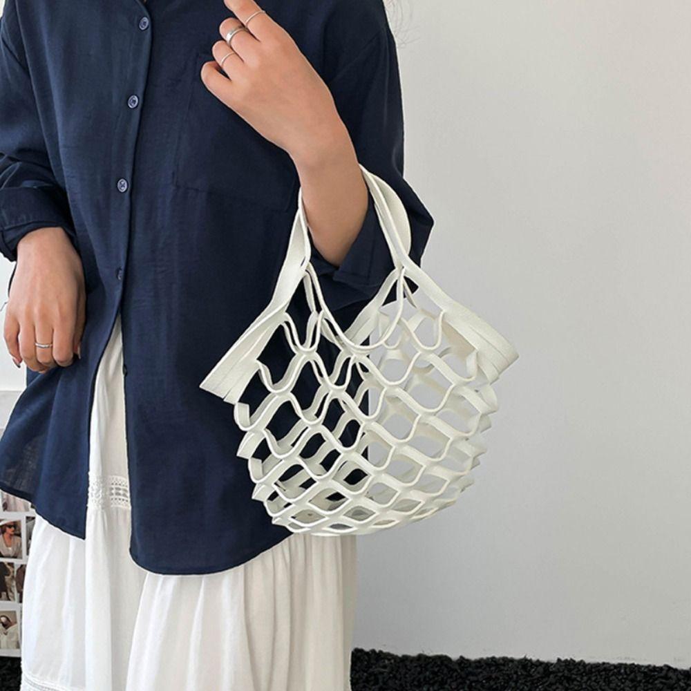 Foldable Leather Folding Tote Bag Fashion Hollow Out Weave Bag Trendy Leather Mesh Tote Bag  Picnic