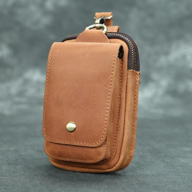 Head layer Crazy Horse Skin Waist Bag, Genuine Leather, Foreign Trade Men's 6-inch Mobile Phone Bag, External Hook, Wearing Belt, Small Waist Bag