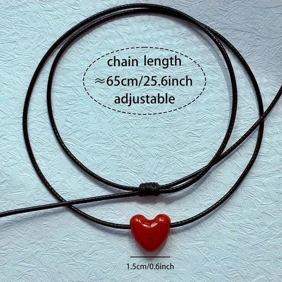 Moda Coreana Cavo Intrecciato Lungo Nero Ciondolo Cuore Rosso in Ceramica Collana per Donna Gioielli Minimalisti Eleganti Retro Y2K Regalo