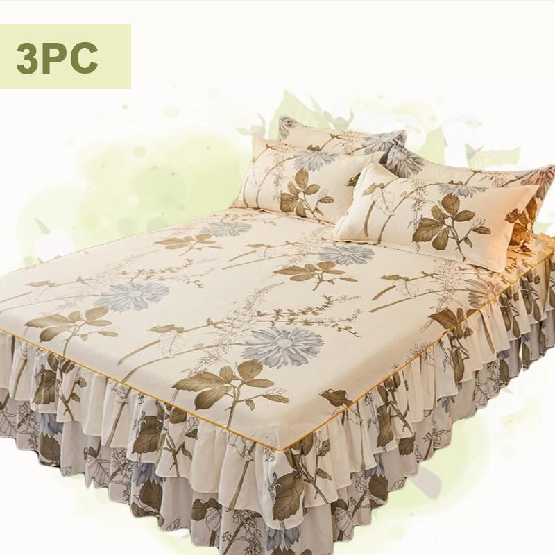 3pc Tropical Floral Bed Skirt Set Includes 1Non-slip Lace Bed Skirt And 2 Decorative Pillowcases All-season Polyester Bedding Ruffles Machine Washable