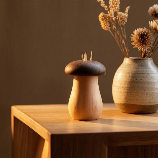 Retro Wooden Mushroom Toothpick Box, Dust-proof Toothpick Holder Dispenser, Toothpick Storage Container for Kitchen Countertop Decoration