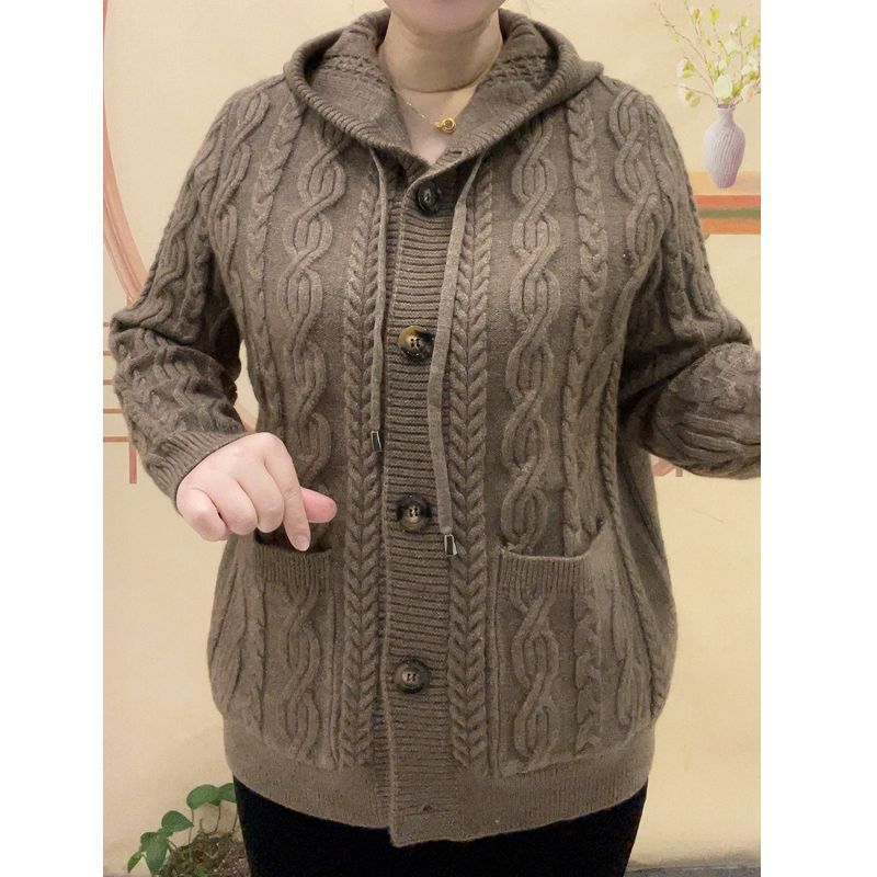 New knitted cardigan jacket women's thickened foreign style mother twist single-breasted hooded top