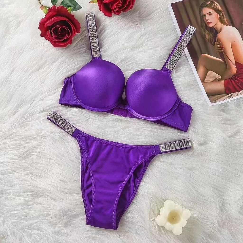 Plus Size European & American Light Luxury Diamond Strap Push-Up Bra & High Cut Panty Set