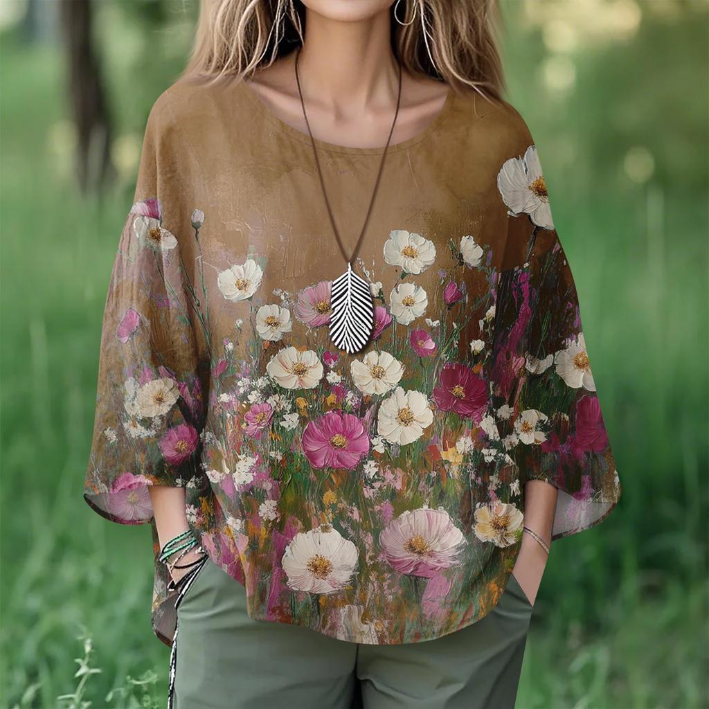 Summer Tops For Women Cute V Neck 3/4 Sleeve Blouses Floral Print Top Casual Shirts