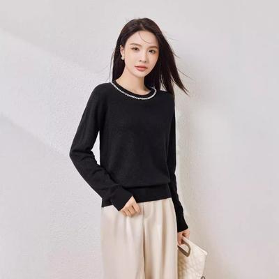 Silk-containing Wool Sweater Women's Autumn New Beaded Top Round Neck Lazy Fan Knitted Sweater Backing Sweater