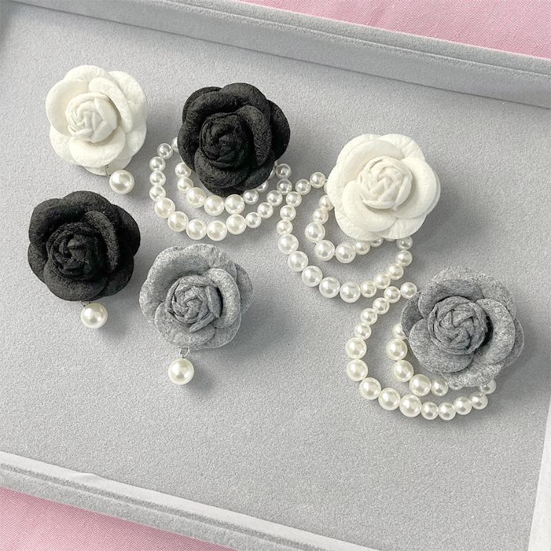 Women's Fashion Fabric Camellia Flower Pearl Tassel Corsage Brooch Pin Shirt Collar Jewelry Accessory