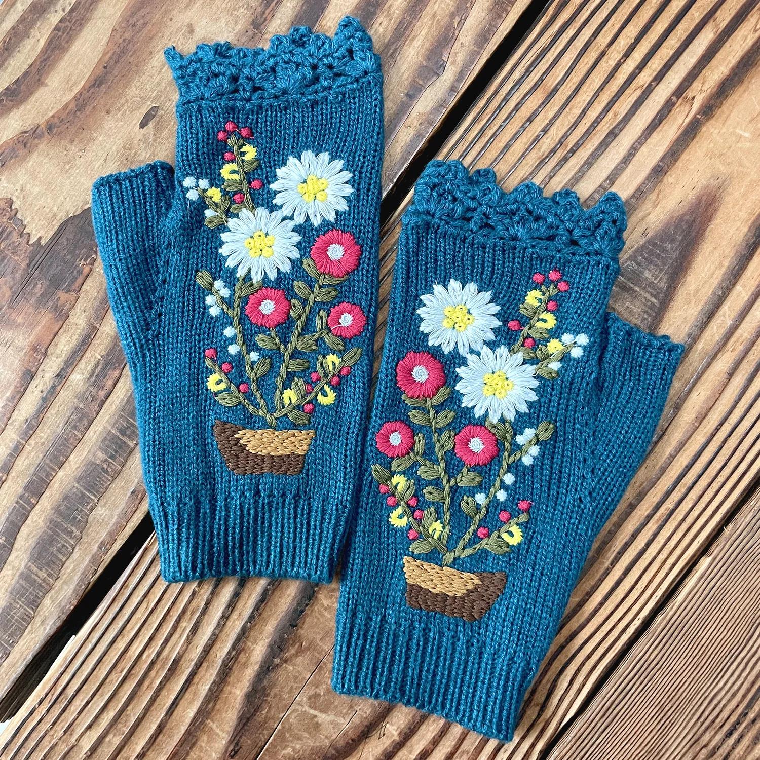 

Adults Hand-Knit Fingerless Winter Gloves–Warm Fleece Lining Embroidered Small Red Potted Flowers Delicate Floral Detail One Size синий