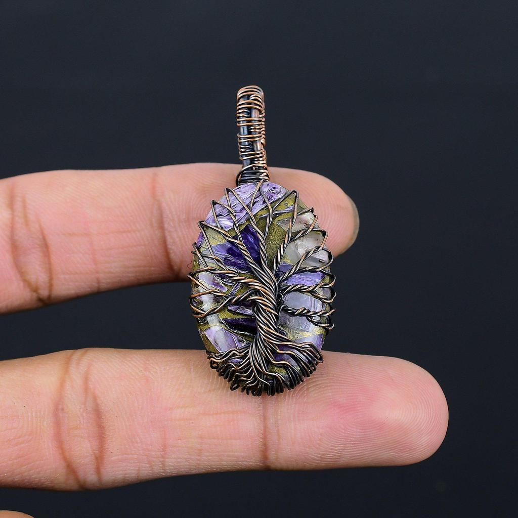 Tree Of Life Copper Charoite Gemstone Pure Copper Wire Wrapped Handmade Pendant Jewelry