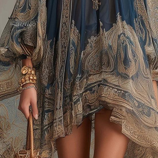 Bohemian Dress Boho Floral Print High Neck Irregular Chiffon Mini for Women, Retro Style Long Sleeve Flowy Party Cocktail Dress, Summer Beach Vacation