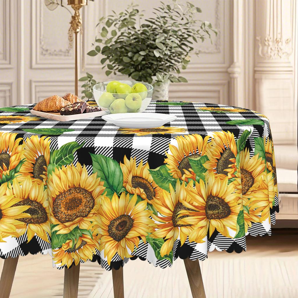 Vintage Sunflower Checkered Rectangular Tablecloth | Rustic Pastoral Round Table Cloth For Picnic Parties.