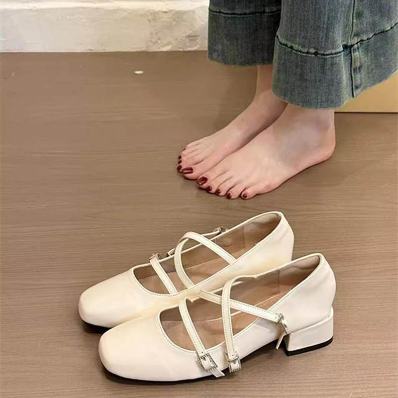 Fashion Women's Coarse Heel Shoes Spring New Square Head Shallow Mouth Patent Leather Crystal Buckle Anti-slip Wear-resistant Heel Shoes